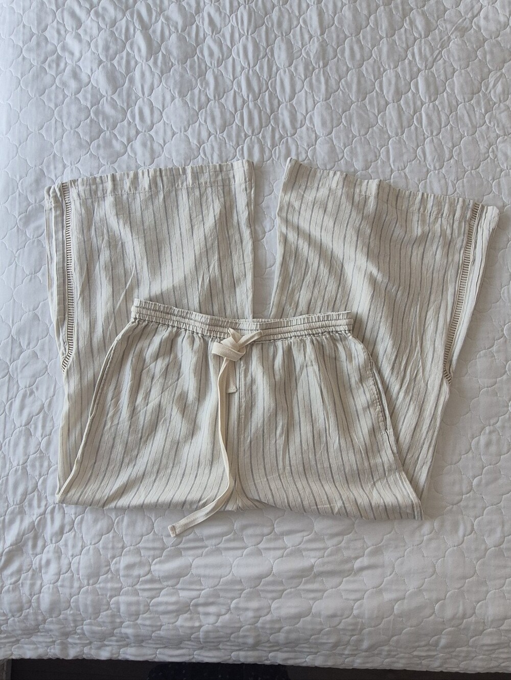 Free People Cream Pinstripe Linen  Blend Wide Leg Trousers Size Small